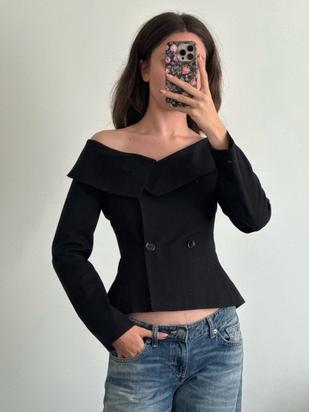 H&M Black Off-the-Shoulder Double-Breasted Blazer
